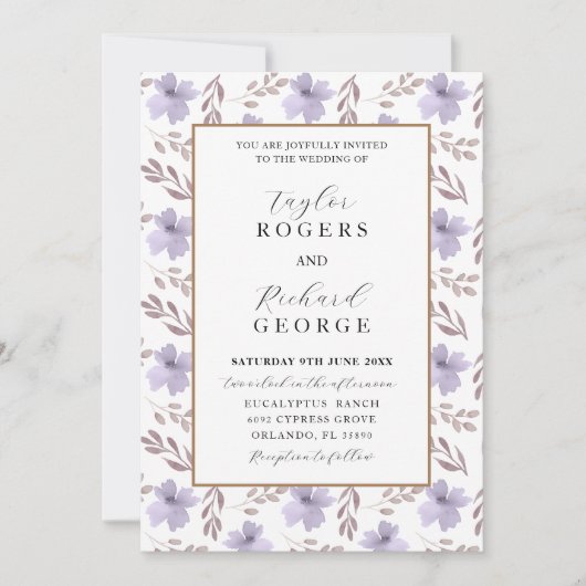 Faire-part de mariage d'aquarelle florale violet m (Devant)