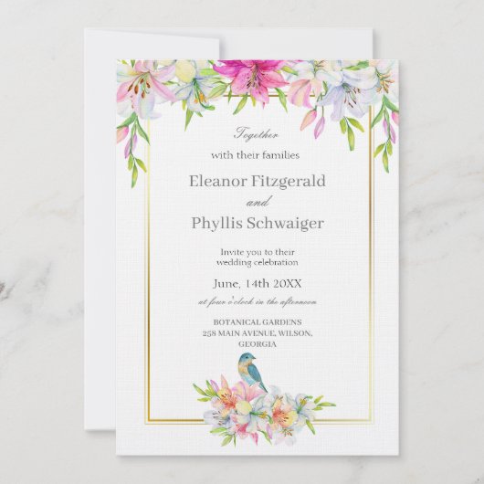 Faire-part de mariage d'aquarelle Lilies Bird (Devant)