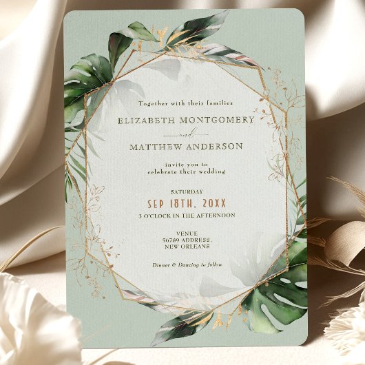 Faire-part de mariage d'aquarelle Monstera Gold