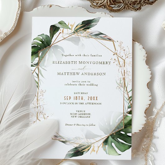 Faire-part de mariage d'aquarelle Monstera Gold