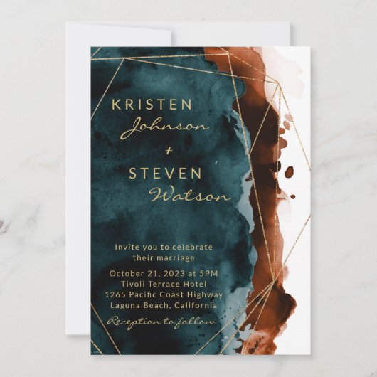 Faire-part de mariage d'aquarelle orange turquoise (Devant)