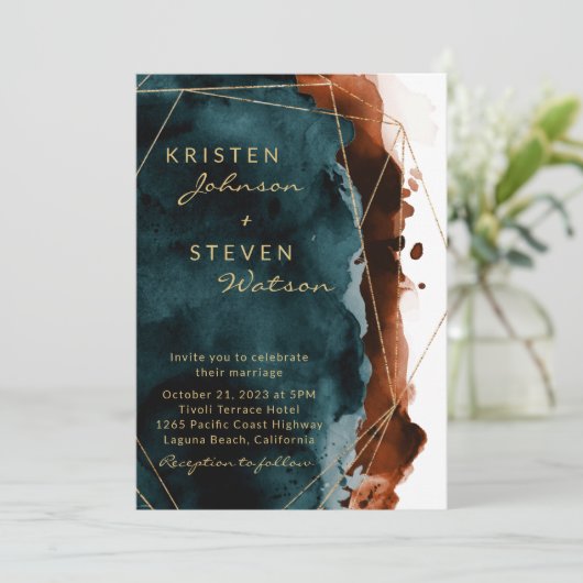 Faire-part de mariage d'aquarelle orange turquoise (Debout devant)