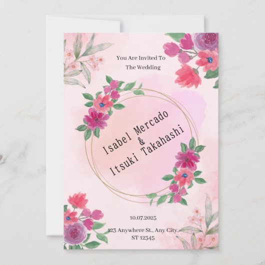 Faire-part de mariage d'aquarelle rose (Devant)