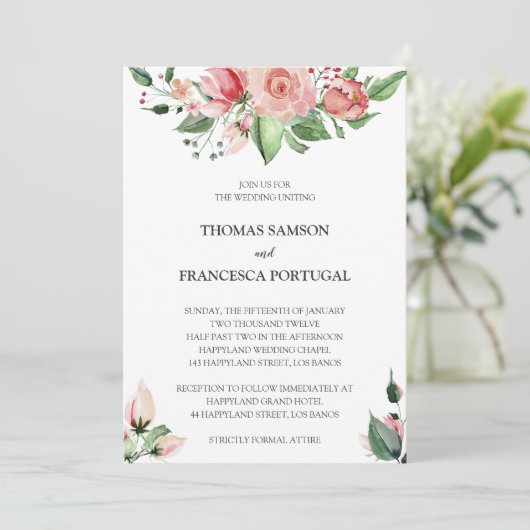 Faire-part de mariage d'aquarelle rose (Debout devant)