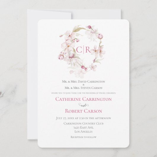 Faire-part de mariage d'aquarelle rose à script fl (Devant)