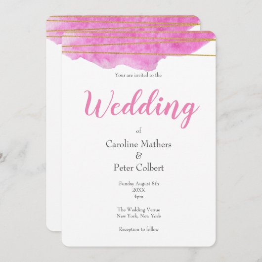 Faire-part de mariage d'aquarelle rose et or (Devant / Derrière)