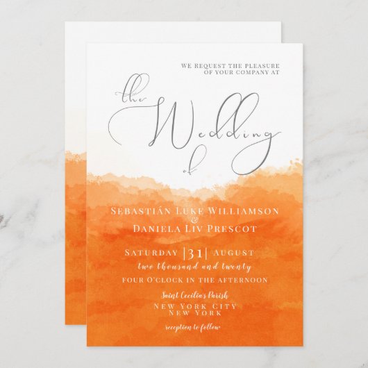 Faire-part de mariage d'aquarelle Tangerine (Devant / Derrière)