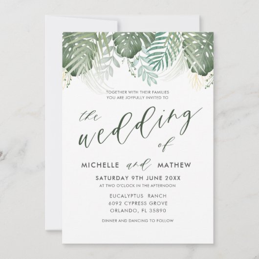 Faire-part de mariage d'aquarelle tropicale de des (Devant)