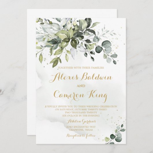 Faire-part de mariage d'aquarelle verdoyante et or (Devant / Derrière)