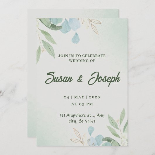 Faire-part de mariage d'aquarelle verte (Devant / Derrière)