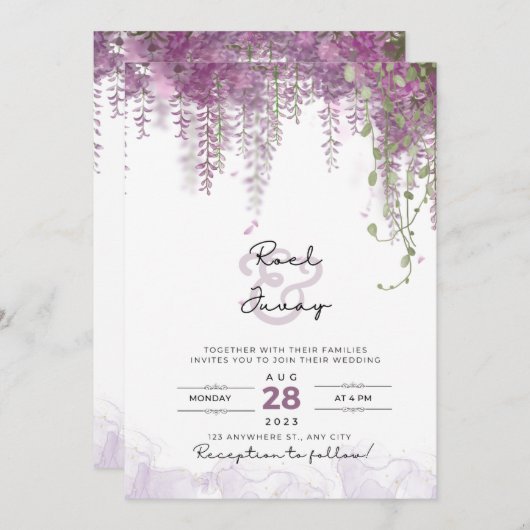 Faire-part de mariage d'aquarelle violet élégant (Devant / Derrière)