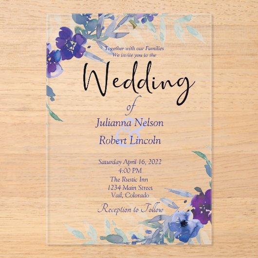 Faire-part de mariage d'aquarelle violet et bleu (Recto)