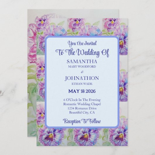 Faire-part de mariage d'aquarelle violet Pansy (Devant / Derrière)