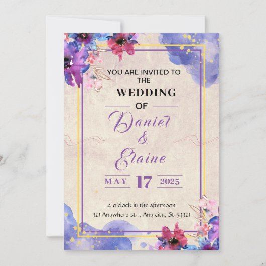 Faire-part de mariage d'aquarelle violette (Devant)