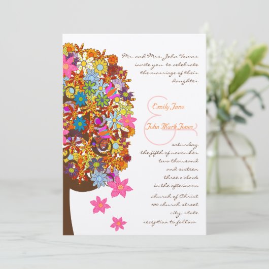 Faire-part de mariage d'arbre d'amour à fleurs mul (Debout devant)