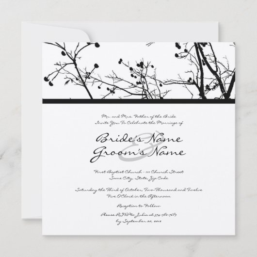 Faire-part de mariage d'arbre d'hiver noir et blan (Devant)