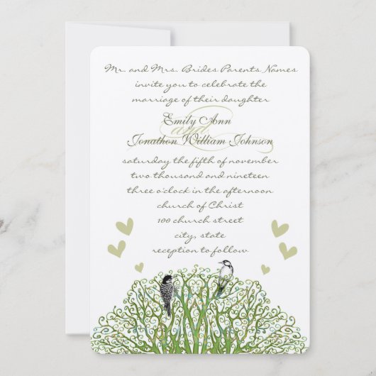 Faire-part de mariage d'arbre vert Inséparable déc (Devant)