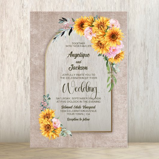 Faire-part de mariage d'arc floral rose tournesol