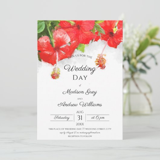 Faire-part de mariage d'art Exotique Rouge Hibiscu (Debout devant)