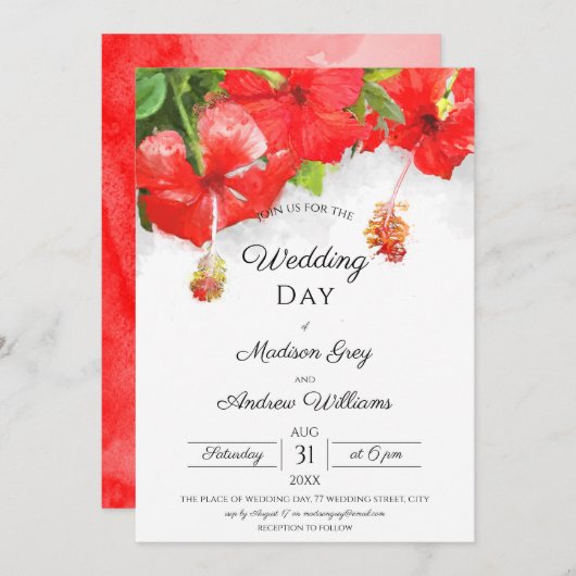 Faire-part de mariage d'art Exotique Rouge Hibiscu (Devant / Derrière)