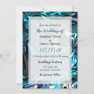 Faire-part de mariage d'art fluide bleu et noir