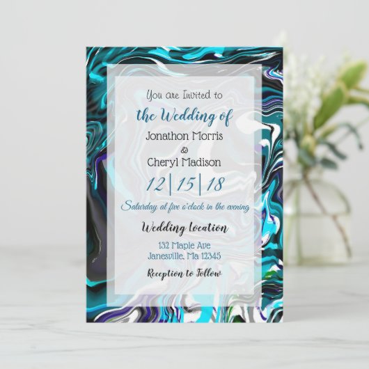 Faire-part de mariage d'art fluide bleu et noir (Debout devant)