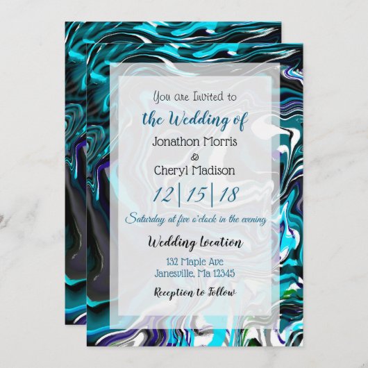 Faire-part de mariage d'art fluide bleu et noir (Devant / Derrière)