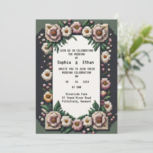 Faire-part de mariage d'art Pixel à fleurs (Debout devant)