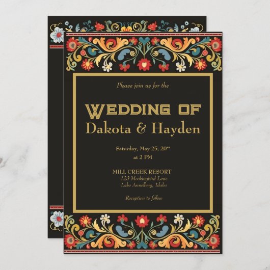 Faire-part de mariage d'art populaire foncé, écrit (Devant / Derrière)
