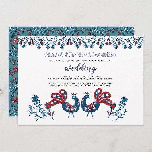 Faire-part de mariage d'art populaire scandinave (Devant / Derrière)