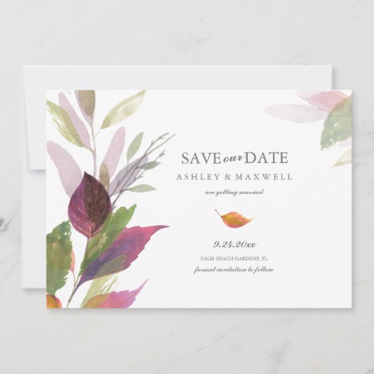 Faire-part de mariage d'automne avec feuilles viol (Devant)