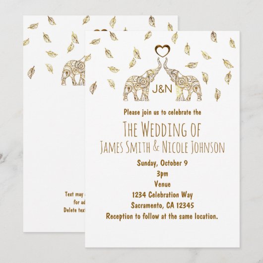 Faire-part de mariage d'automne or deux éléphants  (Devant / Derrière)