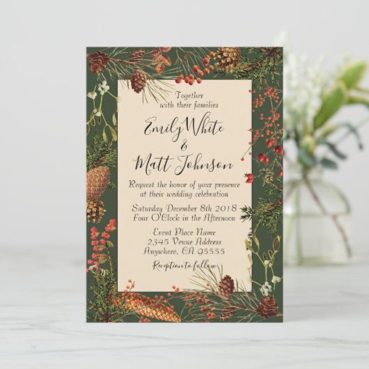 Faire-part de mariage de baies de Noël en vert (Debout devant)