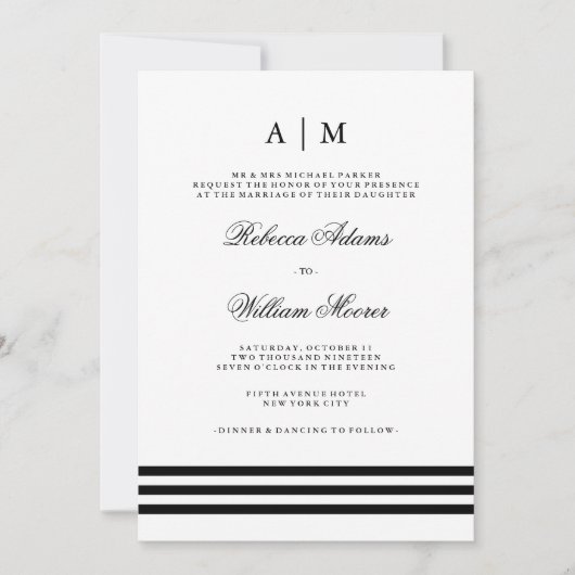 Faire-part de mariage de bandes noires (Devant)