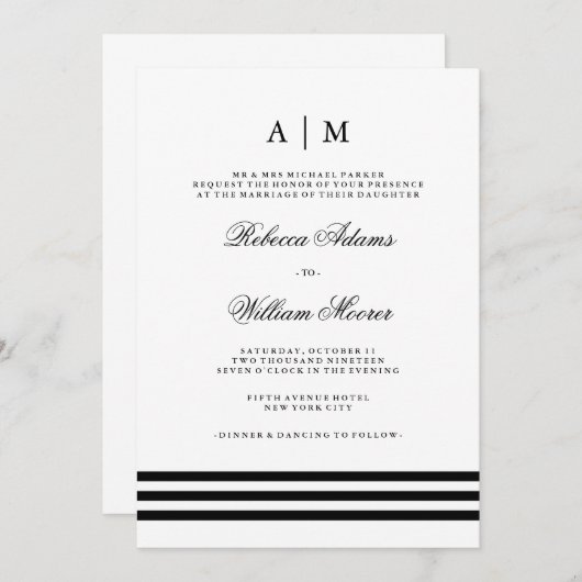 Faire-part de mariage de bandes noires (Devant / Derrière)