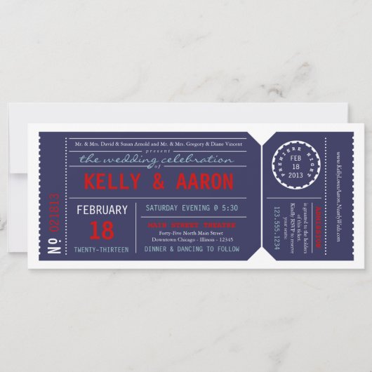 Faire-part de mariage de billet d'affiche - marine (Devant)