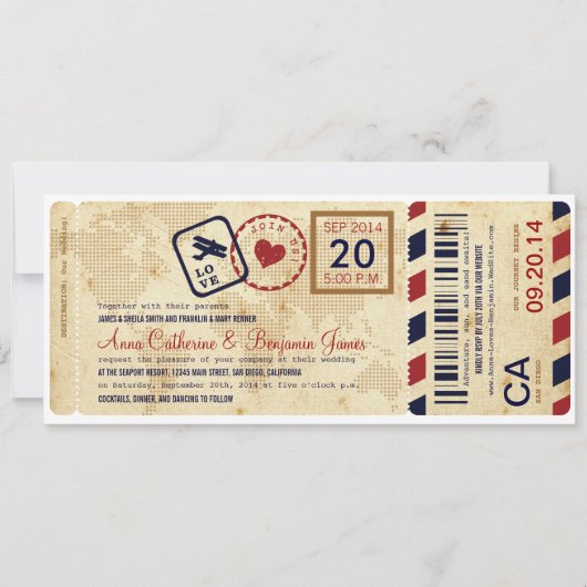 Faire-part de mariage de billet de la carte d'emba (Devant)