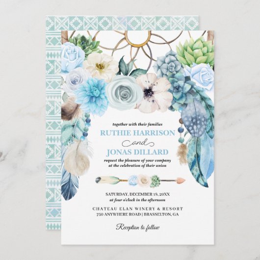 Faire-part de mariage de Blue Boho Dreamcatcher (Devant / Derrière)