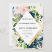 faire-part de mariage de bordure en or floral bleu (Devant)