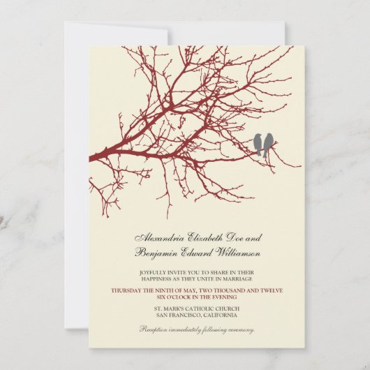 Faire-part de mariage de branche d'inséparables (Devant)