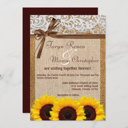 Faire-part de mariage de Burlap de dentelle de tou (Devant / Derrière)