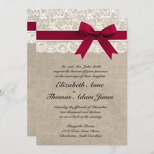 Faire-part de mariage de Burlap Red Ribbon de la d (Devant / Derrière)