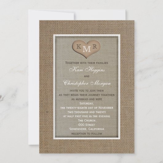 Faire-part de mariage de Burlap rustique avec Mono (Devant)