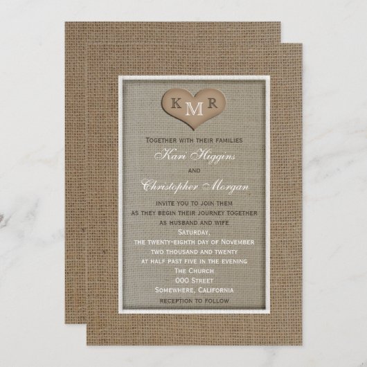 Faire-part de mariage de Burlap rustique avec Mono (Devant / Derrière)