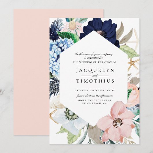 Faire-part de mariage de cadre floral bleu marine (Devant / Derrière)