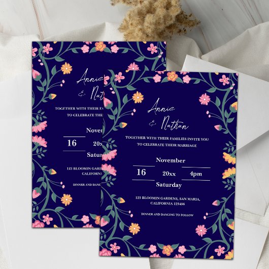 Faire-part de mariage de cadre floral complexe ble