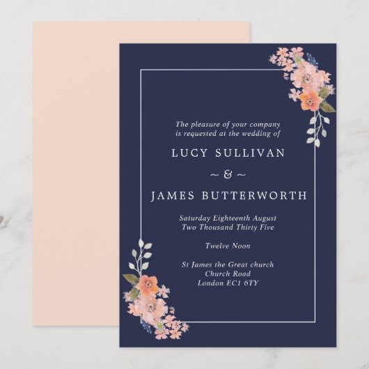 Faire-part de mariage de cadre floral marine et pê (Devant / Derrière)