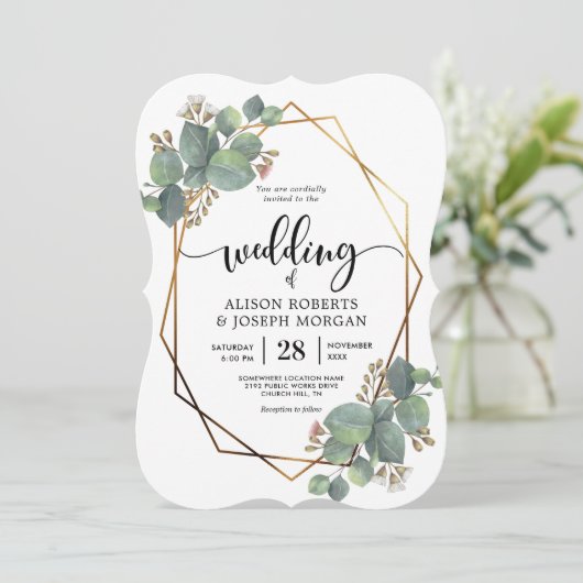 Faire-part de mariage de cadre géométrique Eucalyp (Debout devant)