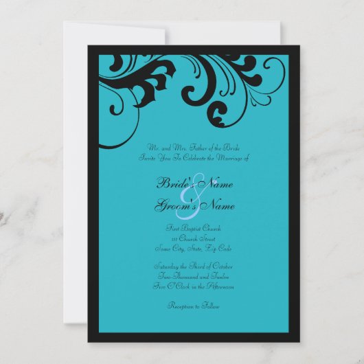Faire-part de mariage de cadre noir et turquoise (Devant)