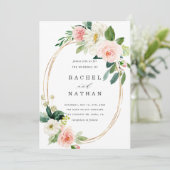 Faire-part de mariage de cadre or à fleurs blanche (Debout devant)